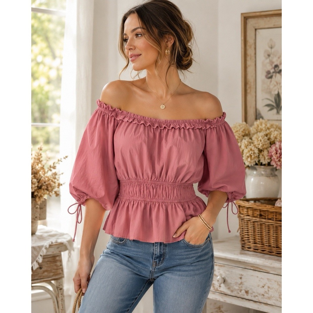 Davi & Dani Blouse Women's Large Dusty Rose Off Shoulder Peasant Peplum Boho